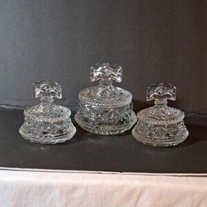 Set of 3 Round Cut Crystal Lidded Trinket, Jewelry Box Vanity Dresser Décor